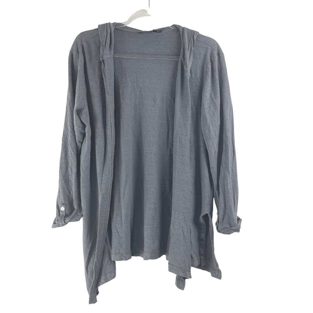 Tahari Linen Open Front Hooded Cardigan Womens XL Gray Roll Tab Sleeve Side Slit